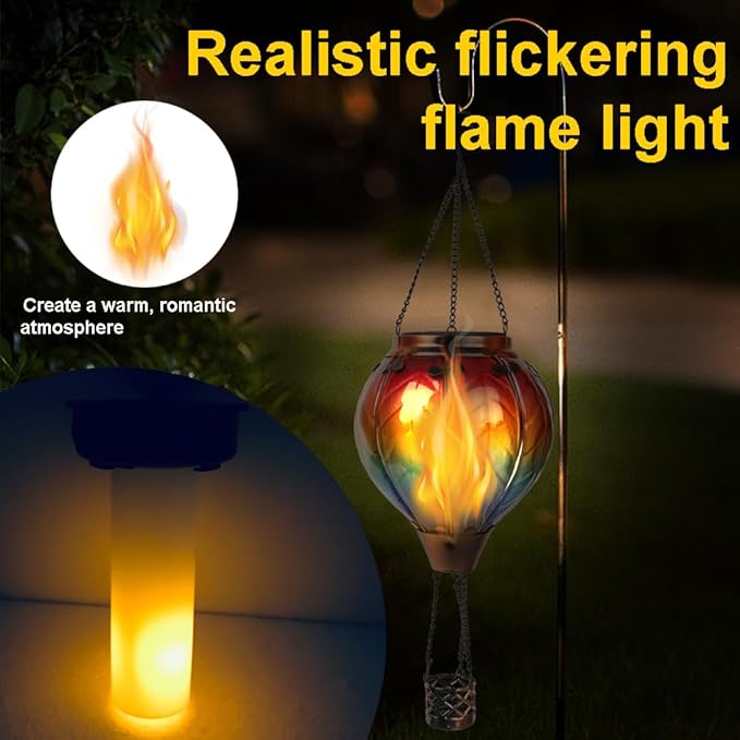 Hot Air Balloon Solar Lantern with Flickering Flame, Glass Hanging Garden Lights Outdoor Waterproof for Tree Yard Patio Mother's Day Gift, 18" H