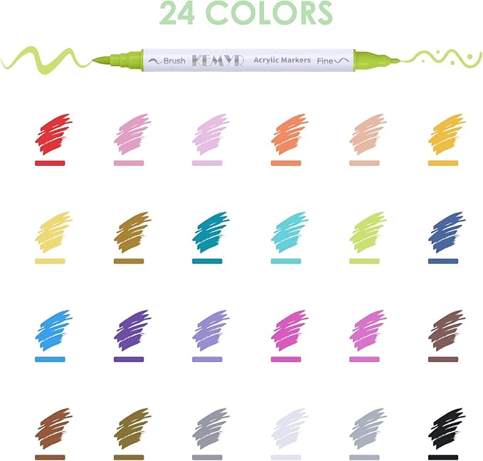 24 Colors Brush & Fine Tip Acrylic Paint Pens, Dual Tip Acrylic Paint Markers for Paper, Wood, Canvas, Stone, Rock, Glass, Fabric, DIY, Ceramic, Art Supplies for Adults Drawing