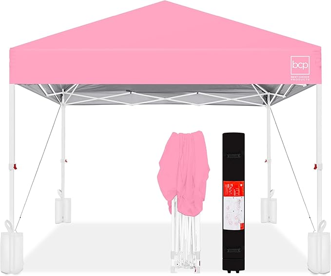 Best Choice Products 10x10ft 1-Person Setup Pop Up Canopy Tent Instant Portable Shelter w/ 1-Button Push, Case, 4 Weight Bags - Pink/White