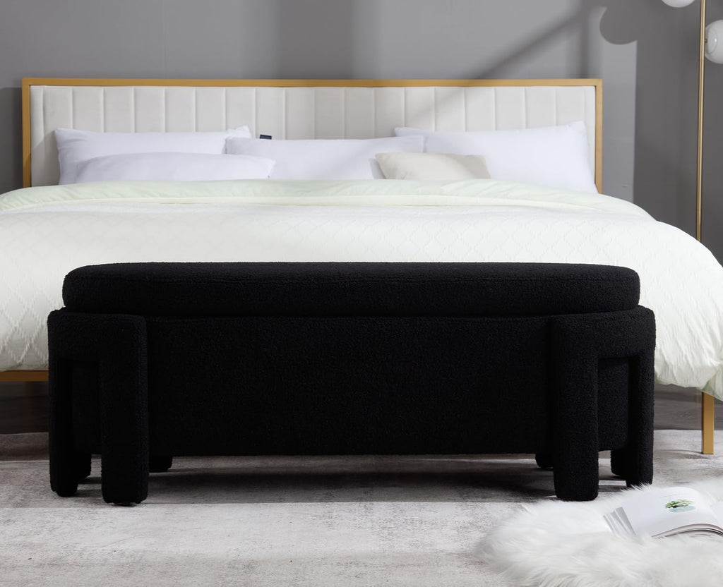 Kmax 50" Storage Ottoman Bench Modern Faux Fur Boucle Entryway Bench Comfy Upholstered End of Bed Bench for Hallway Entrance Bedroom Corner, Black