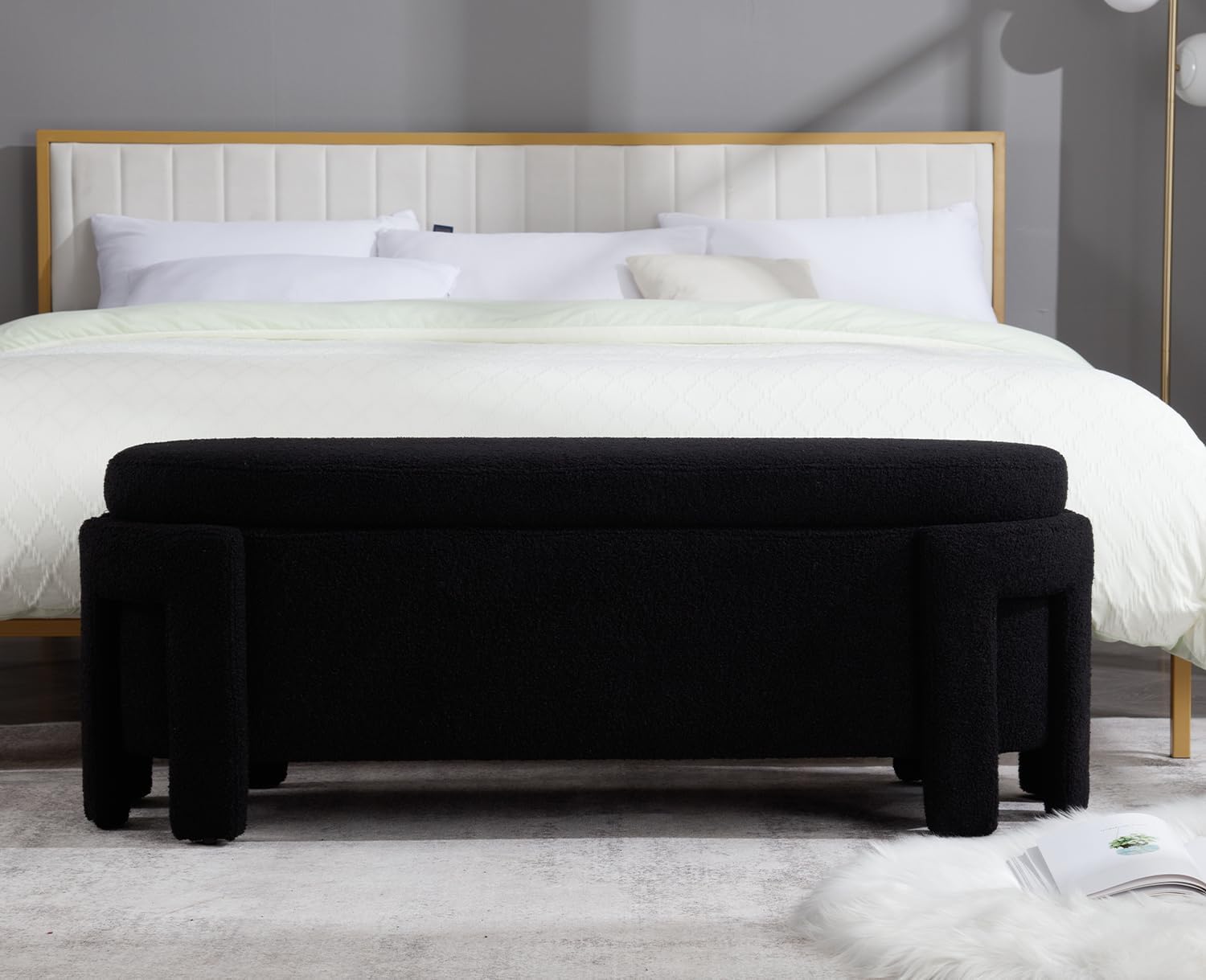 Kmax 50" Storage Ottoman Bench Modern Faux Fur Boucle Entryway Bench Comfy Upholstered End of Bed Bench for Hallway Entrance Bedroom Corner, Black