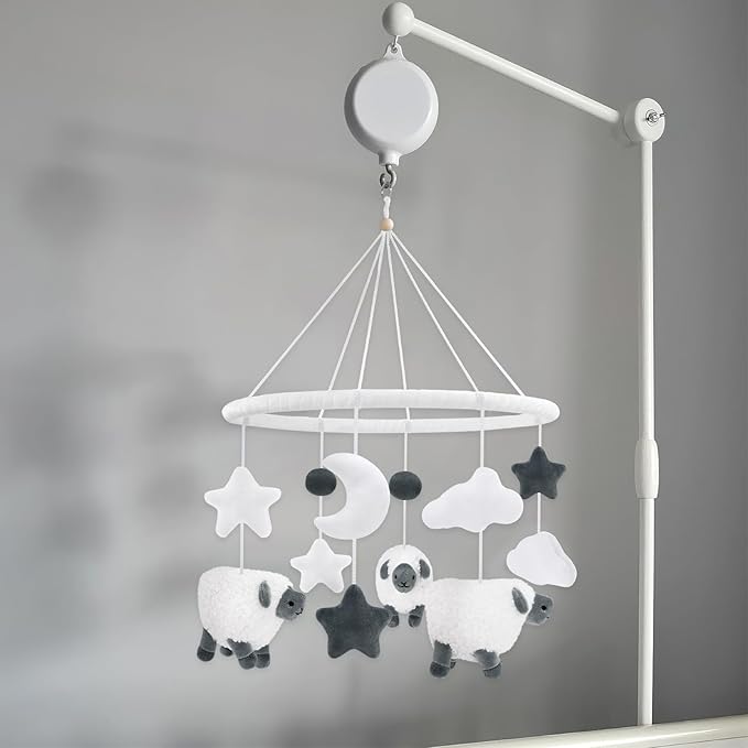 Sheep Baby Crib Mobile Lamb Nursery Mobile Neutral Farm Animal Hanging Decor with Furry Scottish Sheep Clouds Moon Stars Newborn Gifts for Infants Little Boys Girls Bedroom Living Room (Grey)