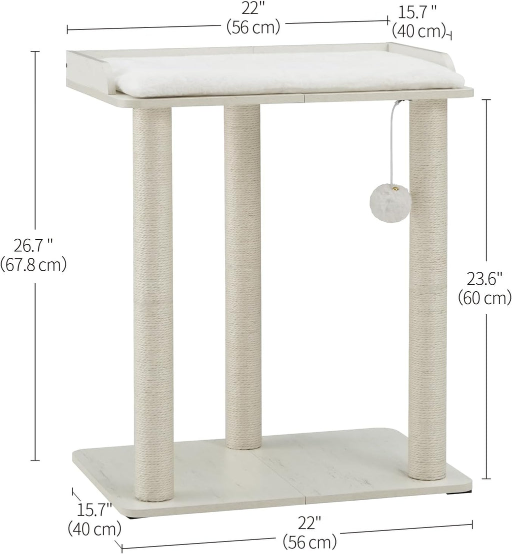 FourFurPets 26.7in Large Cat Tree Tower Condo, Cat Scratch Posts for Indoor Cats, Big Plate, Three 23.6in Full Sisal Scratching Posts, White