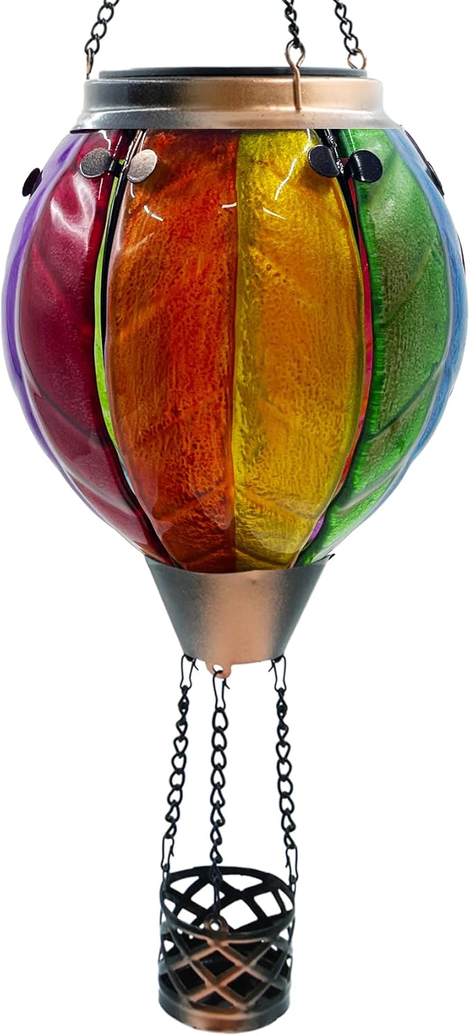 Glass Solar Hot Air Balloon Lantern with Flame Hanging Garden Flickering Light Outdoor Waterproof for Yard Patio Tree Mother's Day Gift, Colorful