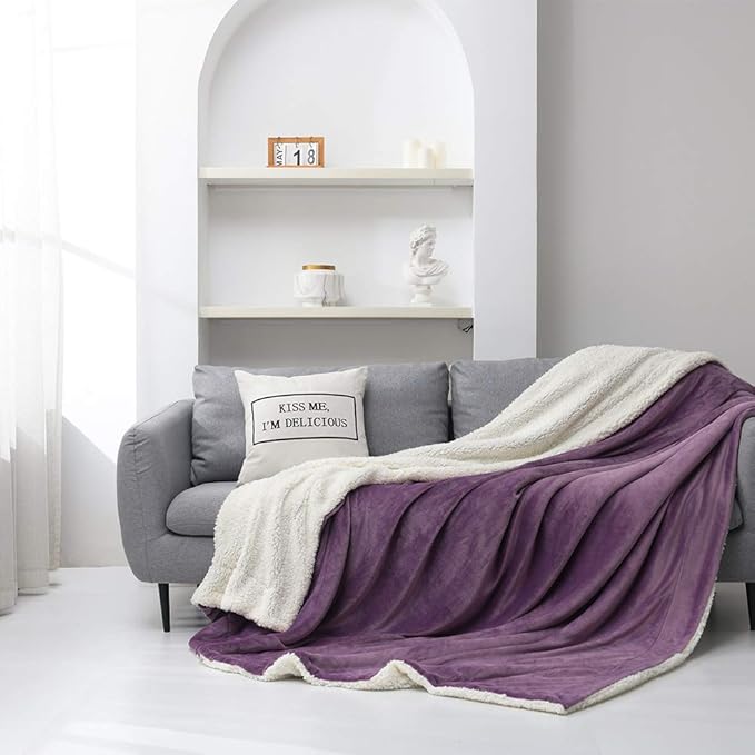 NANPIPER Flannel Blanket Reversible Sherpa Throw Blanket Super Soft Fuzzy Plush Microfiber (50"x60" Cassis Purple)