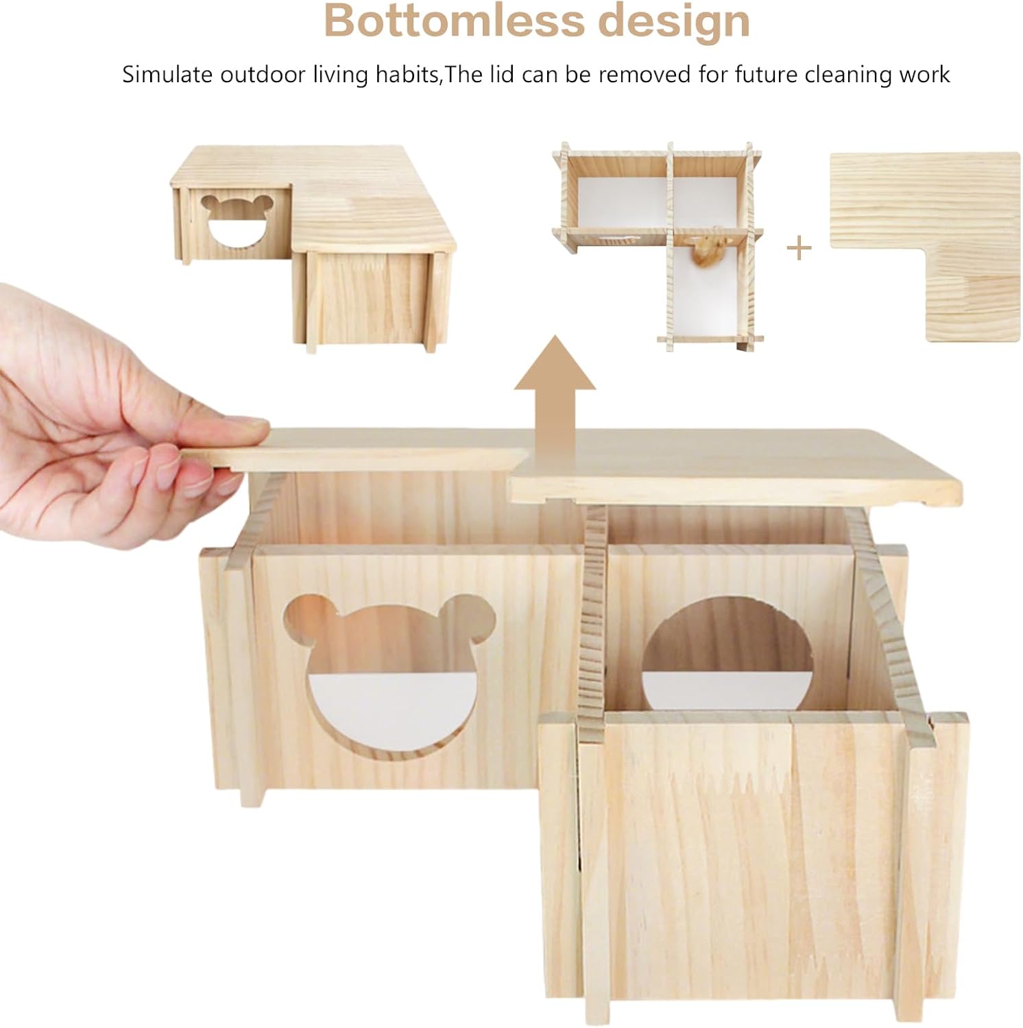 Wooden Hamster Platform and Dwarf Hamster House,Cute Syrian Hamster Tiny House Hideout,Large Balcony Lookout Holes,for Dwarf Gerbils and Mouse Mice Rat Other Small Animals(F)