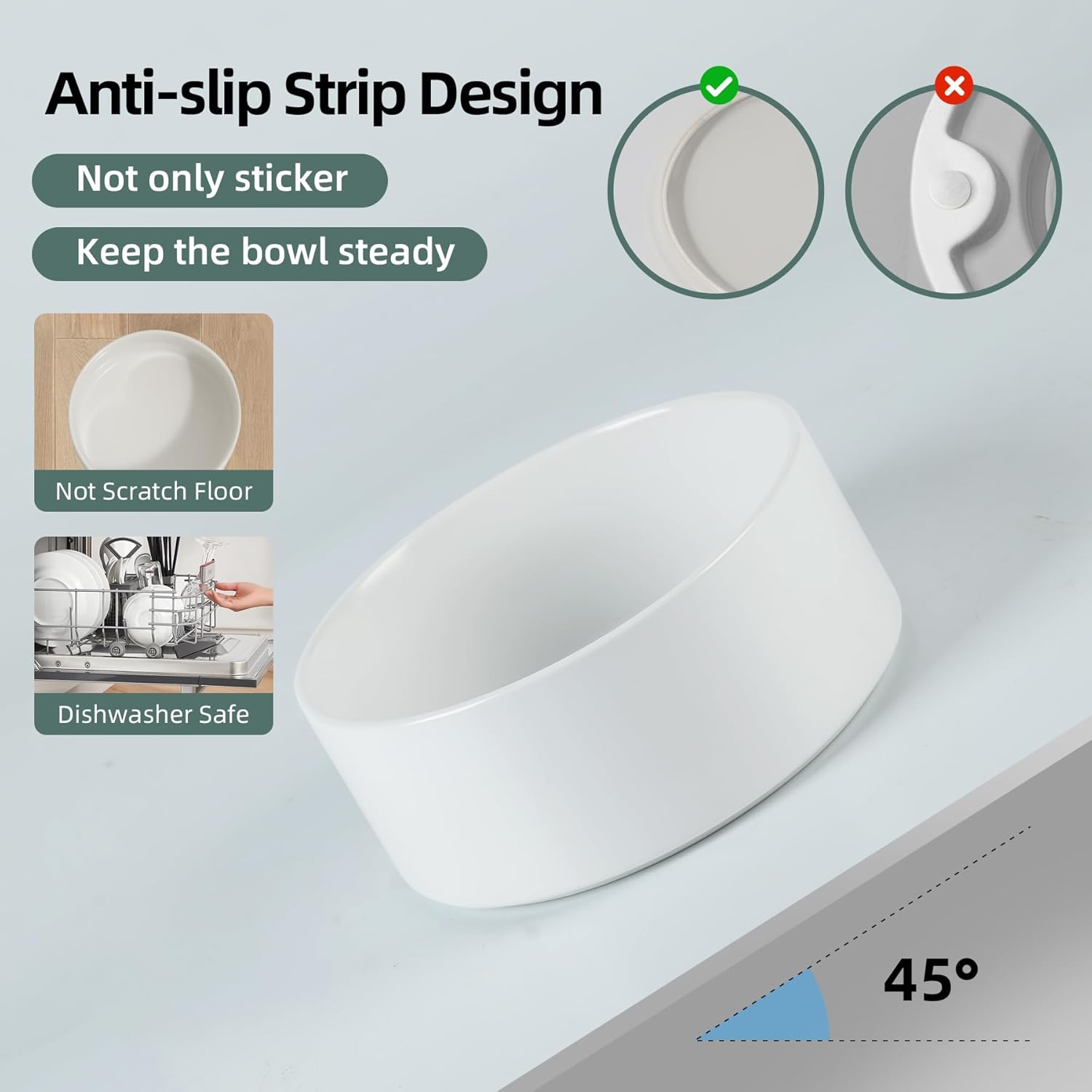 Ceramic Dog Bowl, Food and Water Bowl for Medium Breed Dog, Pet Bowl for Replacement (7.3 inch, Single Bowl, White)