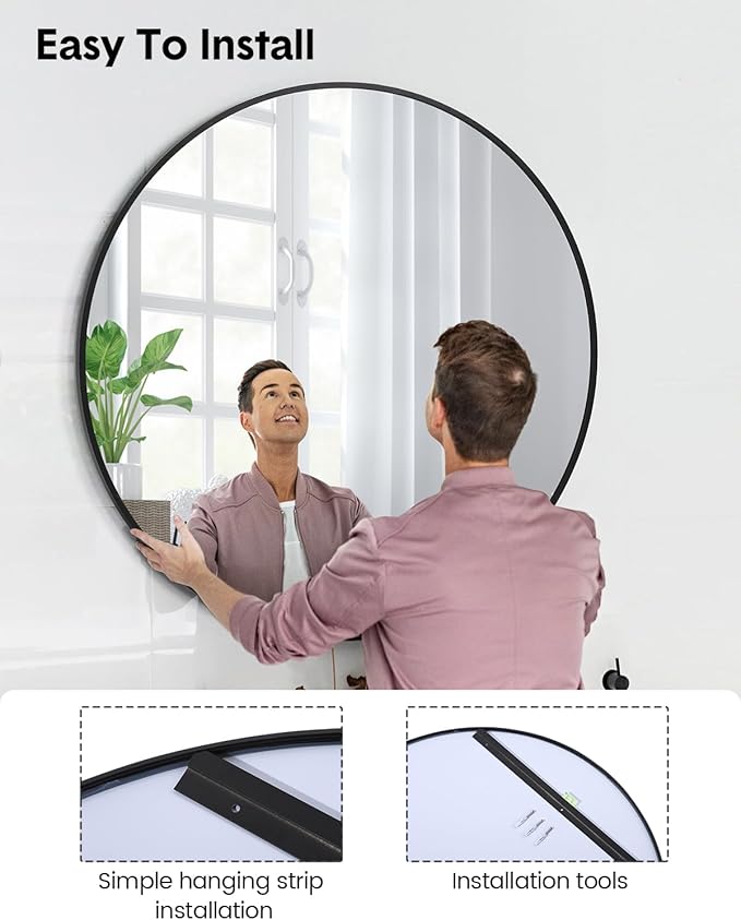 Round Mirror, 32 inch Circle Mirror, HD Eco-Friendly Round Bathroom Mirror for Over Sink, Big Matte Black Metal Framed Wall Mirror for Wall, Vanity, Entryway, Hallway, Living Room, Easy to Install