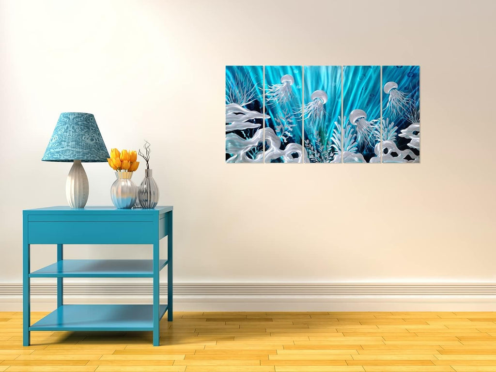 SYGALLERIER Jelly Fish Large Metal Wall Art Hand Grind Aluminum Artwork 3D Undersea World Coastal Pictures Nautical Decor for Living Room Bedroom