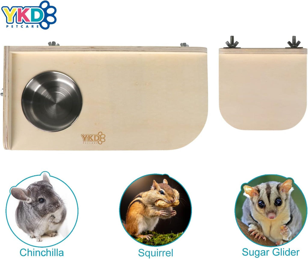 Chinchilla Wooden Platform Set, Pet Cage Platform with Feeding Bowl, Small Animals Cage Accessories for Chinchilla Squirrel Gerbil Suger Glider Hamsters (Feeding Platform + Small Platform)