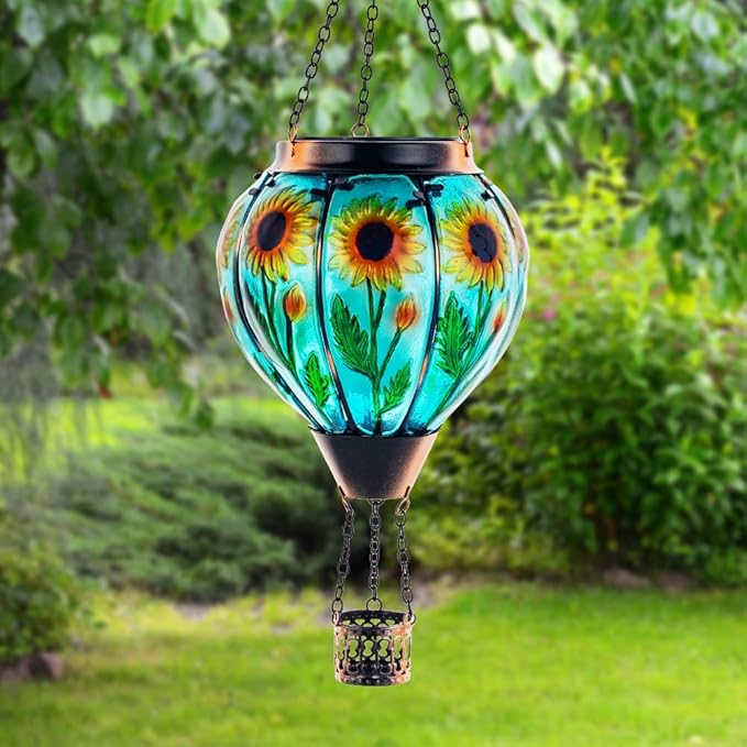 Starsoul Sunflower Hot Air Balloon Solar Lantern Glass Outdoor Hot Air Balloon Solar Flickering Flame Light Waterproof Hanging Lamp Garden Patio Yard Party Decor