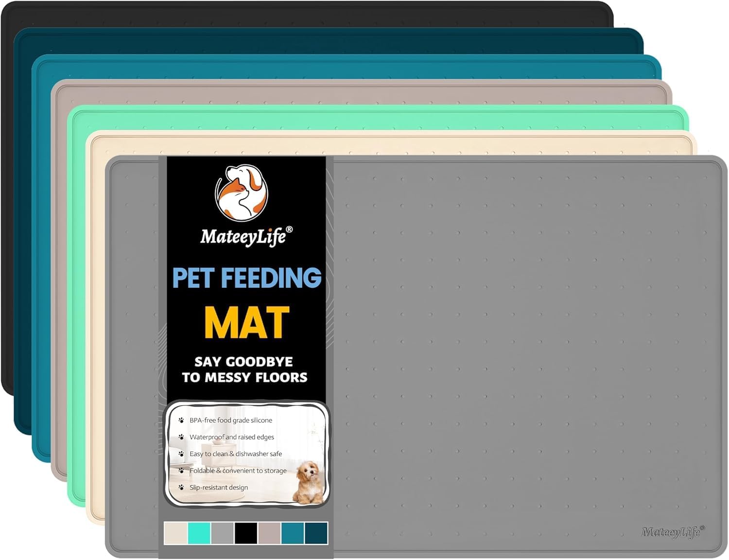 MateeyLife Dog & Cat Food Mat for Floors Waterproof, Nonslip Bowl Mats for Food and Water, Dog Feeding Mats with Raised Edges, Silicone Dog Water Matt Tray for Messy Drinkers, 18"x12", Grey