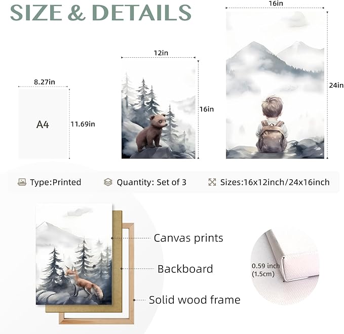 Cyebmo Framed Woodland Boy Nursery Wall Art Set of 3, Whimsical Boy Adventure Wall Decor, Mountain Forest Animal Bear Fox Wrapped Canvas Artwork for Classroom Kids Room Baby Nursery 16"x24"x3