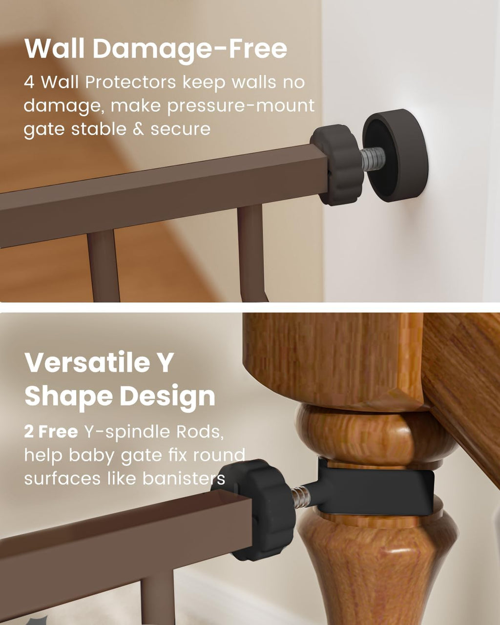 Mom's Choice-GROWNSY Baby Gate for Stairs, 29.5"-48.4" Pressure Mounted Baby Gate for Top of Stair&Doorway with V-Shaped Rods, Anti-Trip Pedal,Wide Stairs Dog Gate Easy Install w/Red Reminder,Brown
