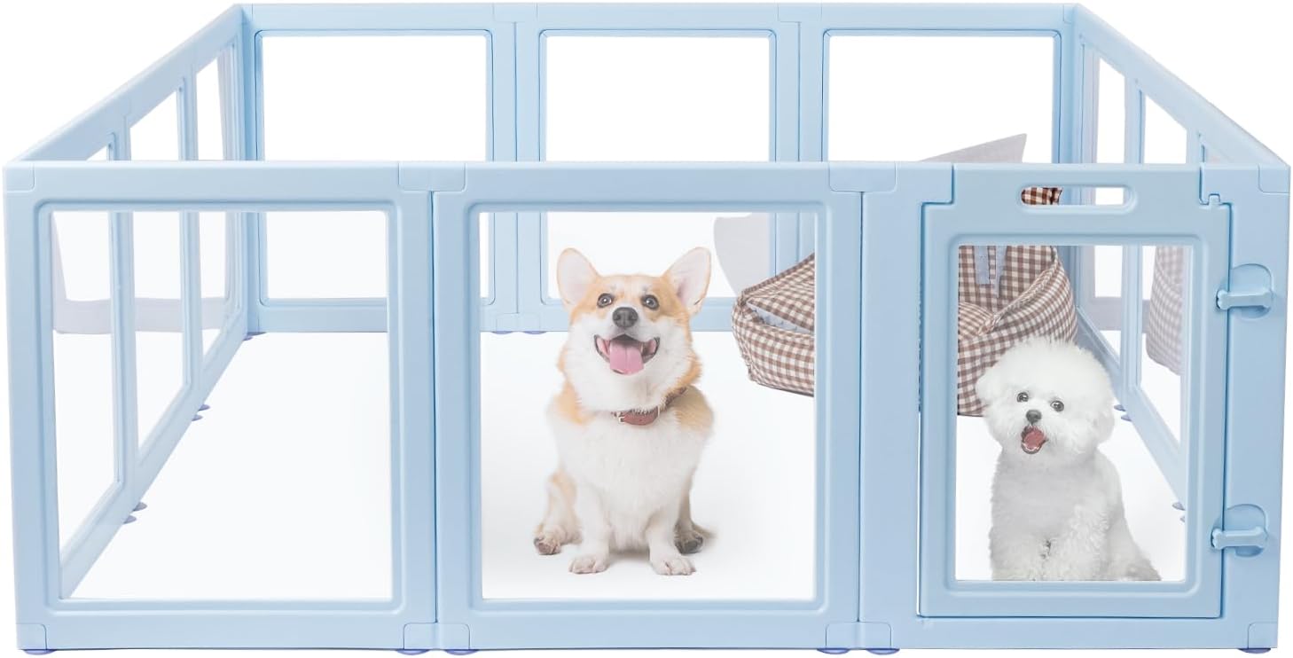 DIY Clear Acrylic Dog Playpen House,Quick Easy Assembly and Disassembly,Strong Floor Suction,Indoor and Outdoor Use,Easy Cleansing Puppy Fence (Sky Blue, 23.6" H, 12PCS)