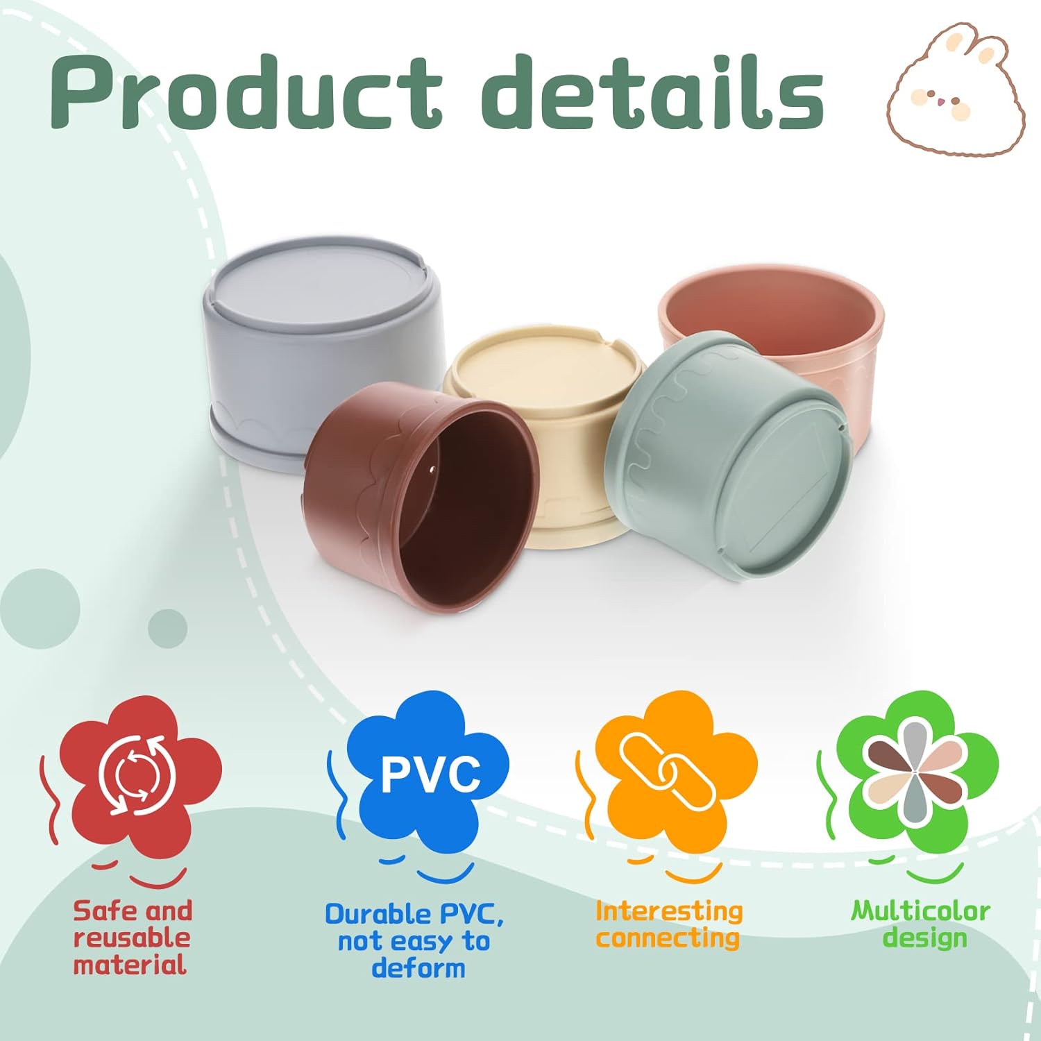 MEWTOGO 8 Pcs Stacking Cups for Bunny - Multi-Colored Reusable Rabbits Bunny Toys of Different Sizes, Safe Plastic Nesting Toys for Guinea Pig Hamster Gifts Hiding Food and Playing