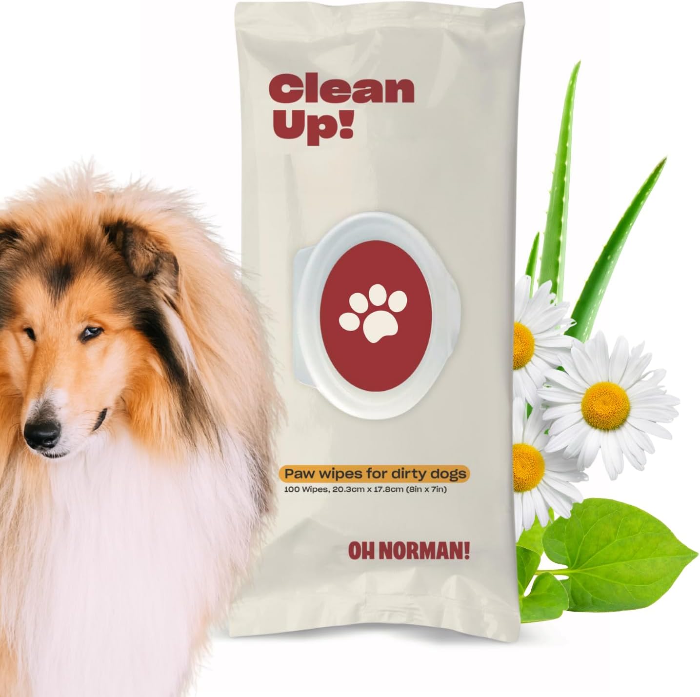 OH NORMAN! Clean Up Paw Wipes for Dogs (8x7) by Kaley Cuoco, Gentle Pet Grooming Wipes, Plant-Based and Unscented, 100 Count