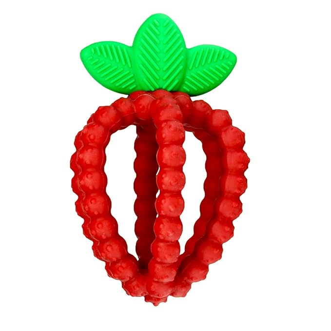 RaZbaby Bites Silicone Baby Teething Toy – Sensory Toy with Textured BerryBumps for Teething Relief, Easy-to-Hold Fruit Shape, BPA-Free, Soothes Front & Back Teeth – Gift for Babies, 3 Months+, Red