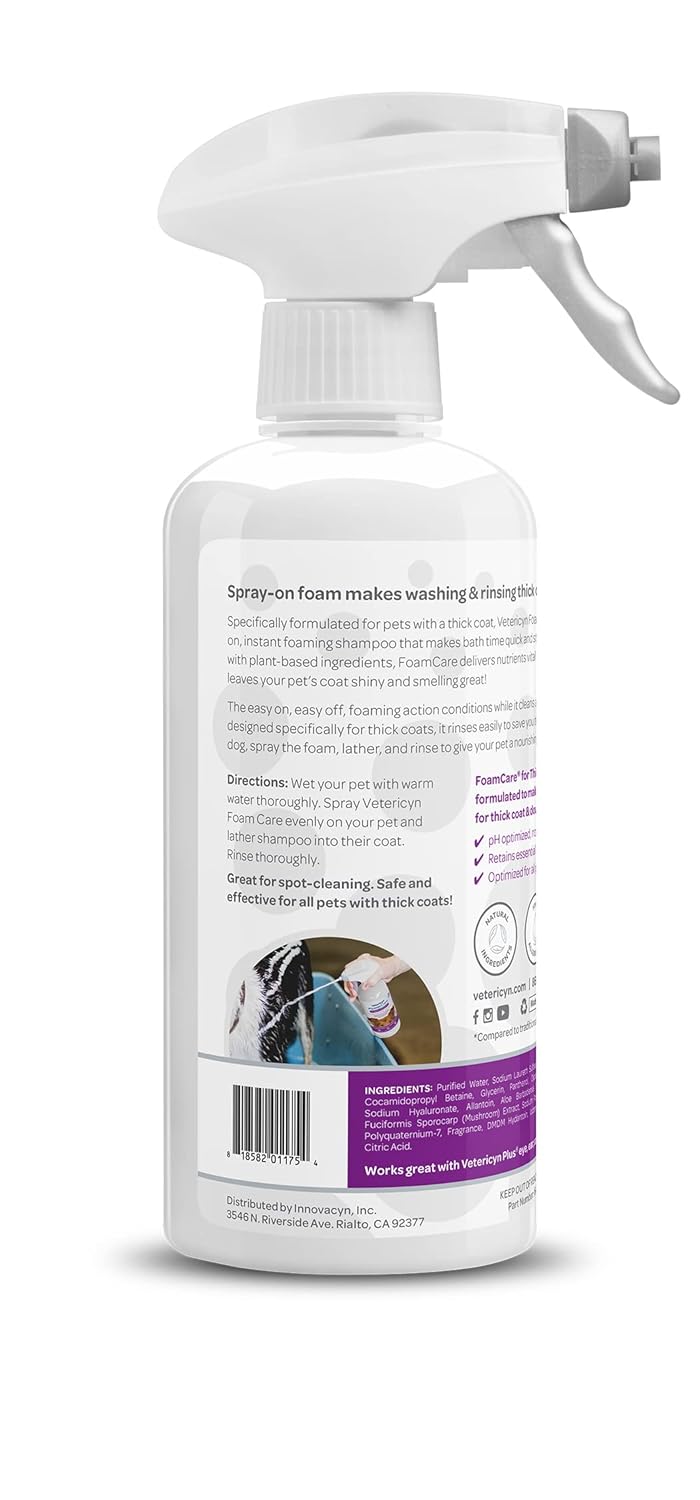 Vetericyn FoamCare Dog Shampoo and Conditioner - Instant Foaming, Spray-On Hypoallergenic Shampoo for Thick Coats, Plant-Based Formula for Dogs and Cats. 16 Ounce