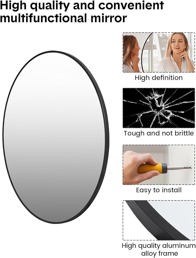 Round Mirror, 32 inch Circle Mirror, HD Eco-Friendly Round Bathroom Mirror for Over Sink, Big Matte Black Metal Framed Wall Mirror for Wall, Vanity, Entryway, Hallway, Living Room, Easy to Install