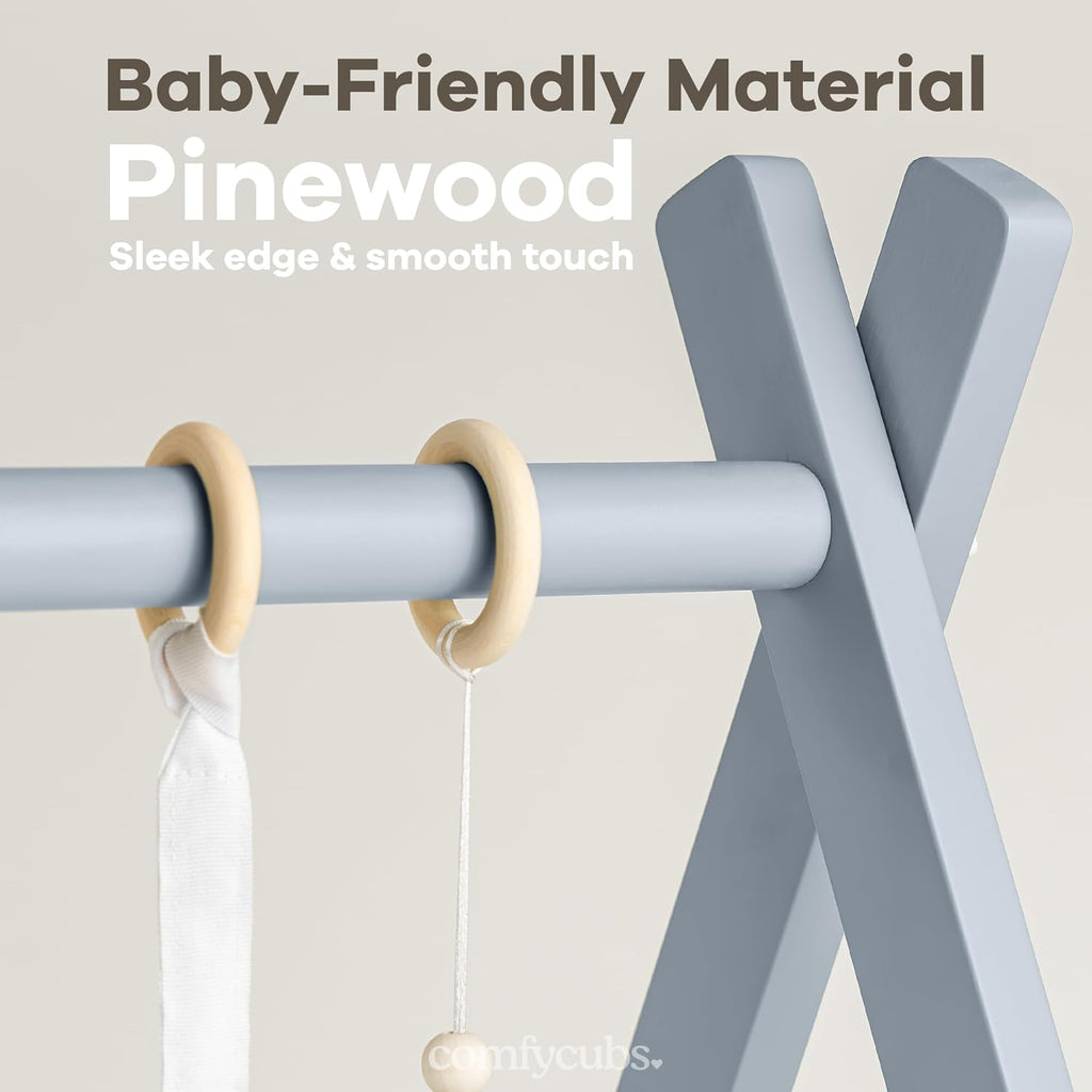 Comfy Cubs Wooden Baby Play Gym - Natural Finish Pinewood Baby Activity Gym with 5 Sensory Hanging Toys - Easy No-Tool Assembly, Safe and Durable for Infant Motor and Visual Development - Pacific Blue