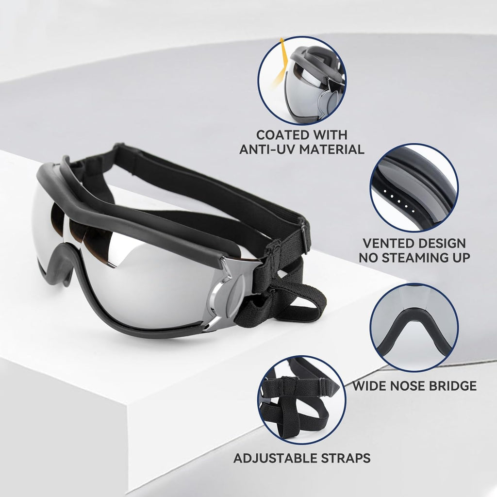 Dog Goggles Dog Sunglasses for Medium to Large Breed Anti-UV Eye Protection with Adjustable Straps- Silver