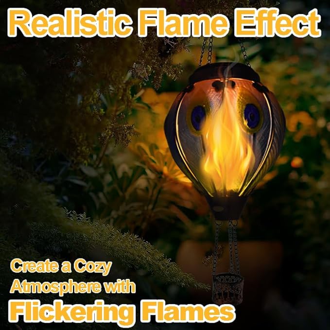 Solar Hot Air Balloon Lanterns with Flame with Shepherd's Hooks, Glass Hanging Flickering Lights Outdoor Waterproof for Garden Tree Yard Patio Mother's Day Gift, 18" H Peacock-Blue
