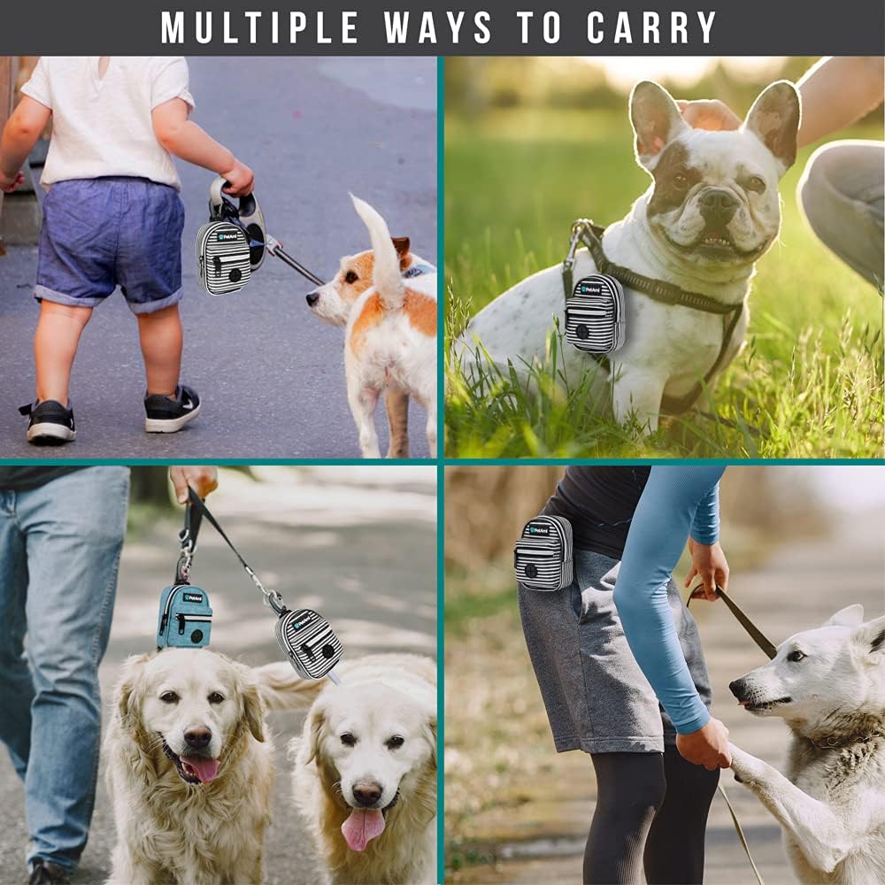 PetAmi Dog Poop Bag Holder for Leash, Dog Pet Waste Bag Dispenser For Poop With Clip, Doggy Puppy Walking Accessories Travel Camping, Dog Treat Pouch Supplies Must Have With Dog Bag Roll, Stripe Black