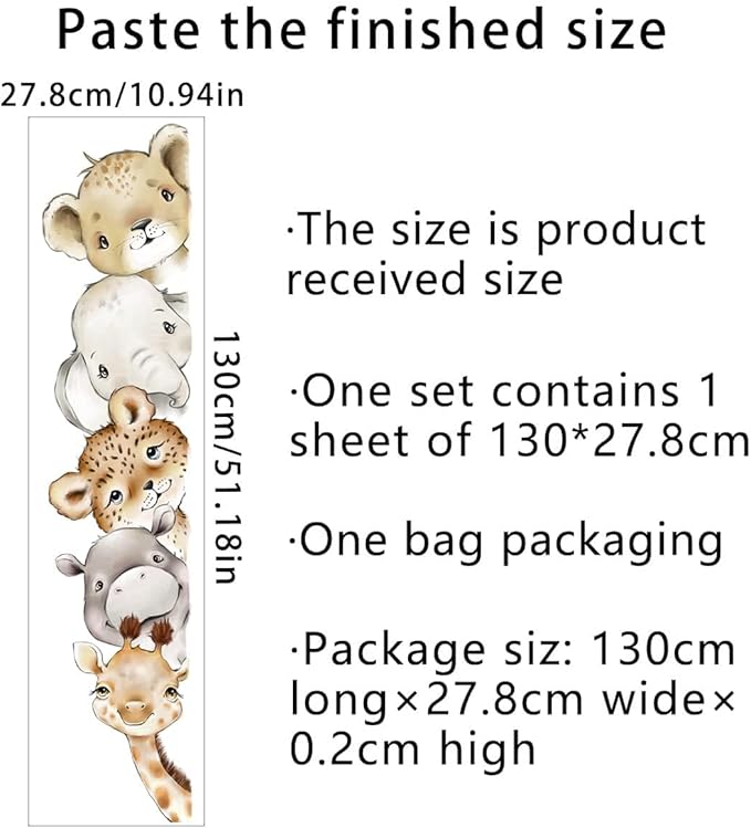 51.18x10.94 Inch Watercolor Jungle Animal Wall Decals - Forest Animal Sticker With Elephant, Lion, Monkey for Baby Nursery, Playroom, Bedroom, Classroom, Kindergarten Decor