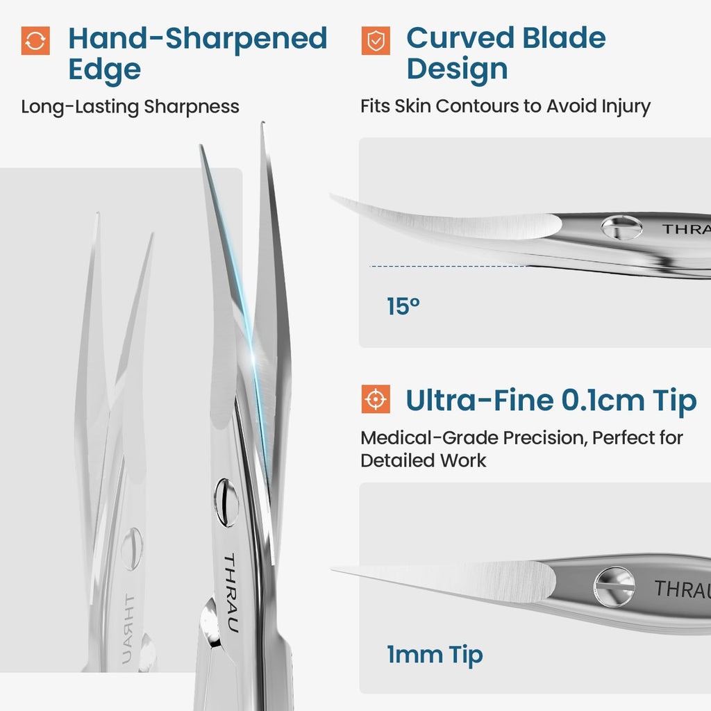 THRAU Right-Handed Cuticle Scissors – Surgical Grade Stainless Steel with Sharp Curved Tip for Cuticles, Nails, Eyebrows, Eyelashes, Nose Hair & Beard – Ideal for Manicure & Precise Grooming
