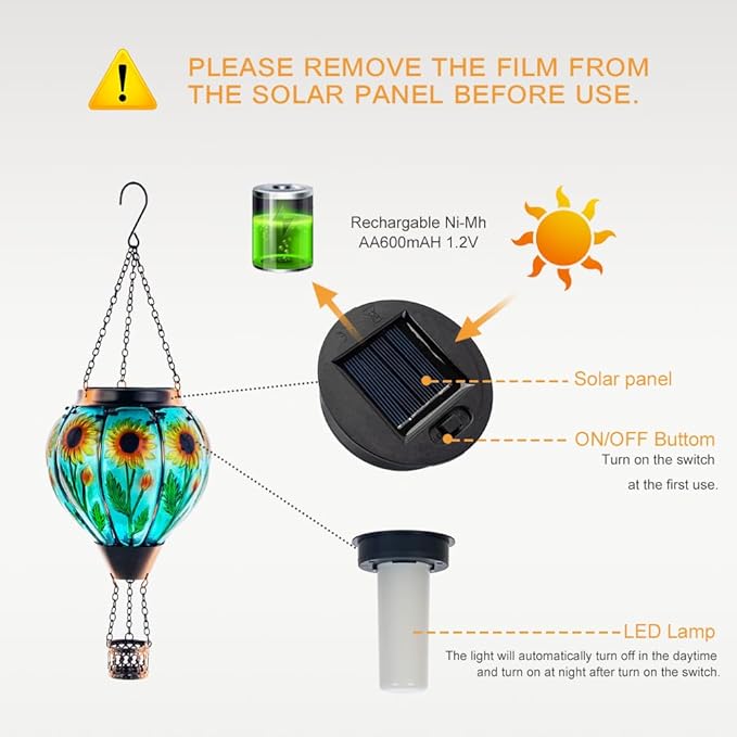 Starsoul Sunflower Hot Air Balloon Solar Lantern Glass Outdoor Hot Air Balloon Solar Flickering Flame Light Waterproof Hanging Lamp Garden Patio Yard Party Decor