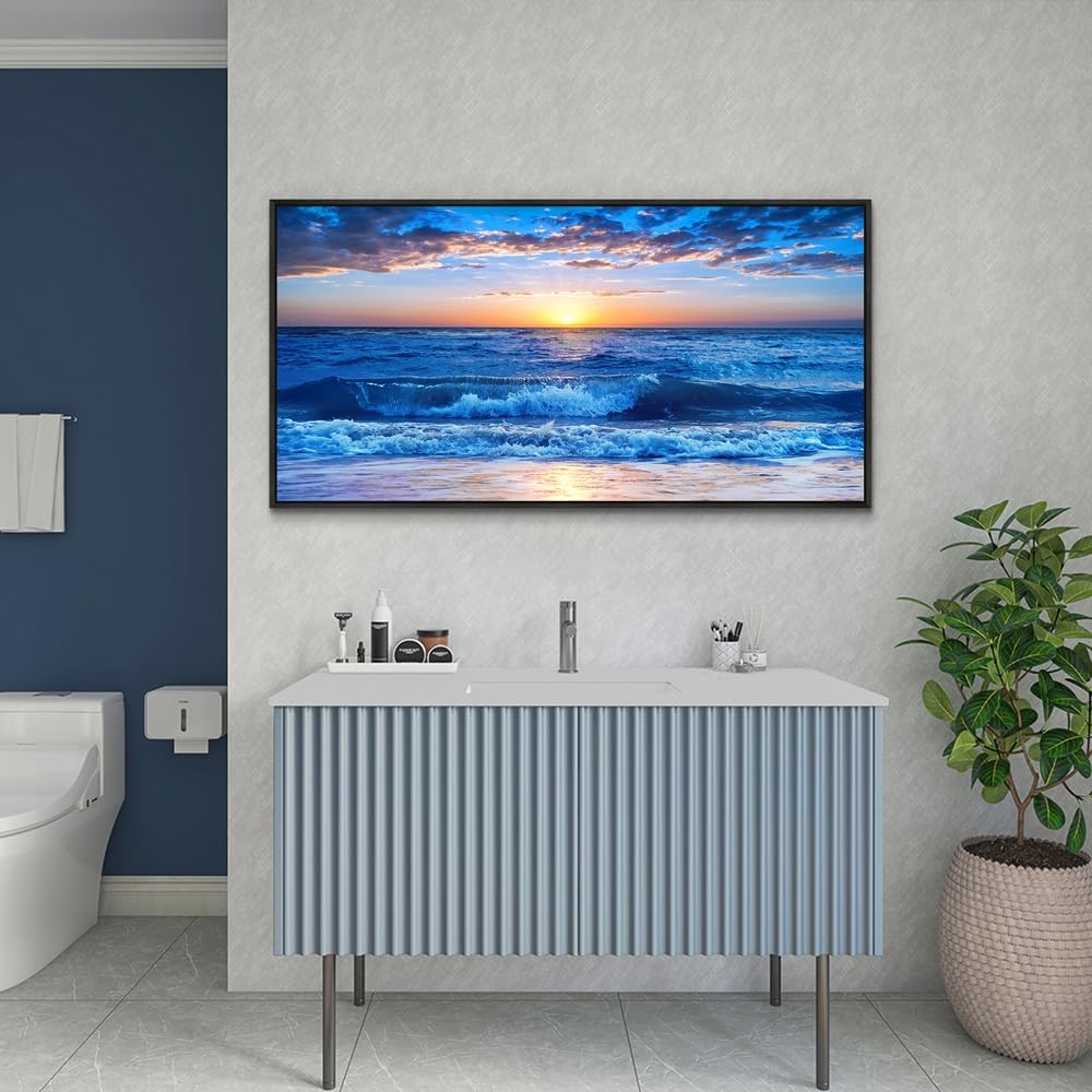 Wapluam Canvas Wall Art For Living Room Large Wall Decor For Bedroom Office Wall Decorations Blue Ocean Beach Wall Painting Sunny Sea View Wave Wall Pictures Artwork Room Home Decor Black Framed