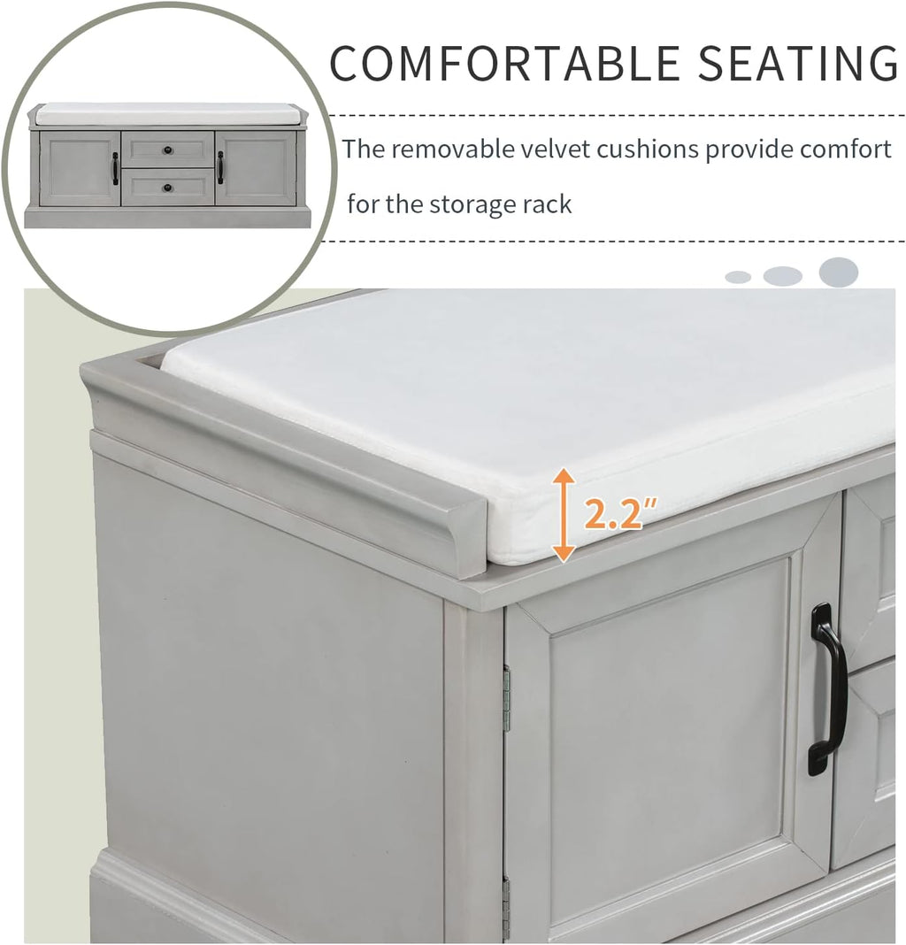 Shoe Storage Bench with 2 Drawers and 2 Cabinets, Pine Wood Shoe Bench with Removable Cushion for Living Room, Entryway 42.5" L x 15.9" W x 17.5" H (Gray Wash)