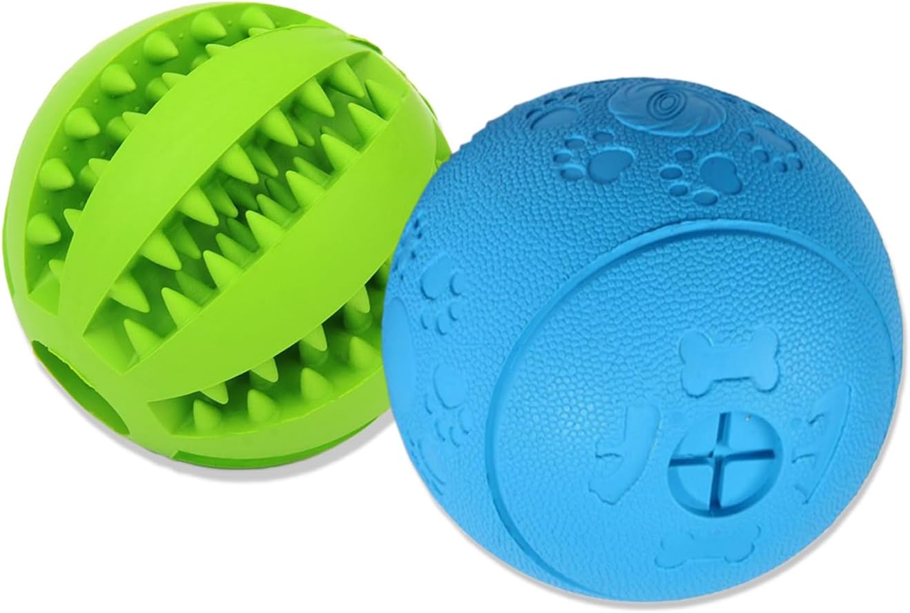 Dog Puzzle Toy, Treat and Dental Balls, Interactive Treat Dispensing Toy for Dogs, Durable Puppy Toys for Teething Small Dogs, Rubber Teeth Balls, Slow Feeder,2 Pack (Small)