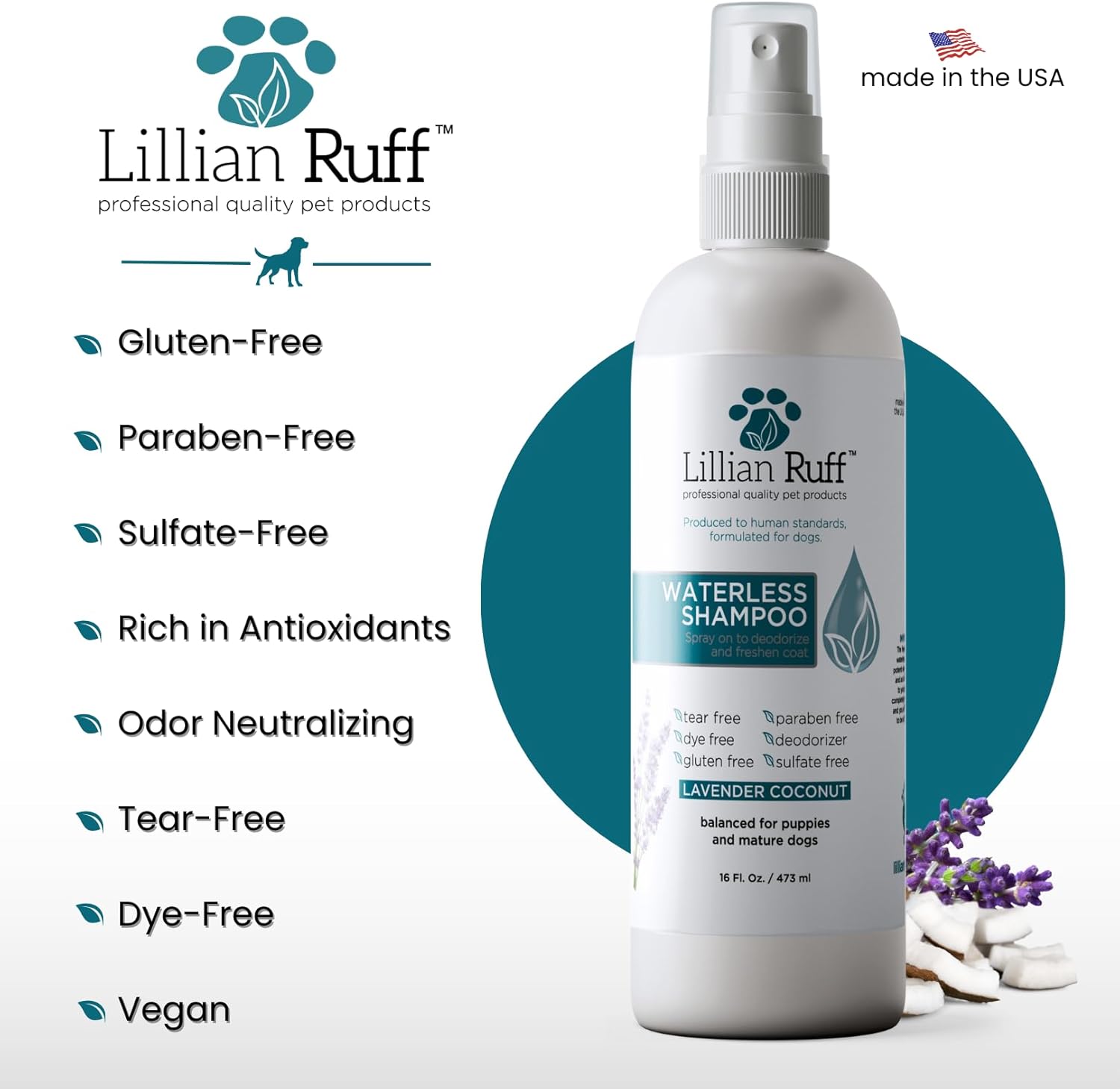 Lillian Ruff Waterless No-Rinse Dog Dry Shampoo Spray with Hydrating Essential Oils - pH-Balanced Dry Shampoo for Dogs - Clean, Condition, Detangle & Deodorize Dry, Sensitive Skin (16oz/Brush)