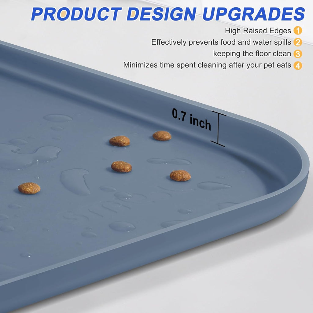 Silicone Pet Feeding Mat with Raised Edge for Food and Water, Dog Bowl Mats, Cat Bowls Placemat with High Lip for Floor Waterproof, Rubber Tray for Cats and Dogs 19 x 12 x0.7 Slate Blue