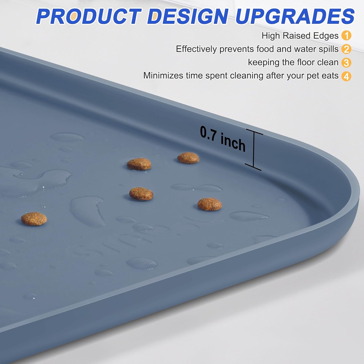 Silicone Pet Feeding Mat with Raised Edge for Food and Water, Dog Bowl Mats, Cat Bowls Placemat with High Lip for Floor Waterproof, Rubber Tray for Cats and Dogs 19 x 12 x0.7 Slate Blue