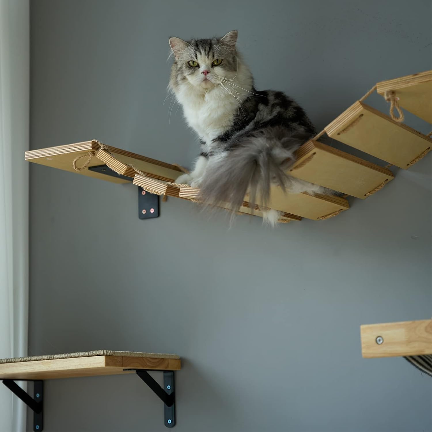 FUKUMARU Cat Bridge Wall Mounted, 12.8-Inch Expanded Feline Perch & Climbing Steps for Custom Kitten Highway Systems, Multi-Level Wall Shelves Furniture