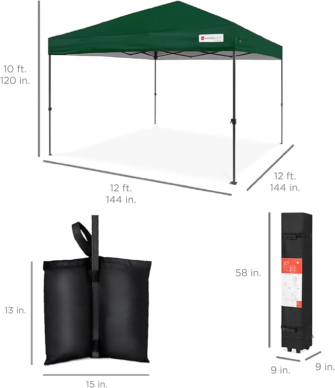 Best Choice Products 12x12ft 1-Person Setup Pop Up Canopy Tent Instant Portable Shelter w/ 1-Button Push, Case, 4 Weight Bags - Forest Green