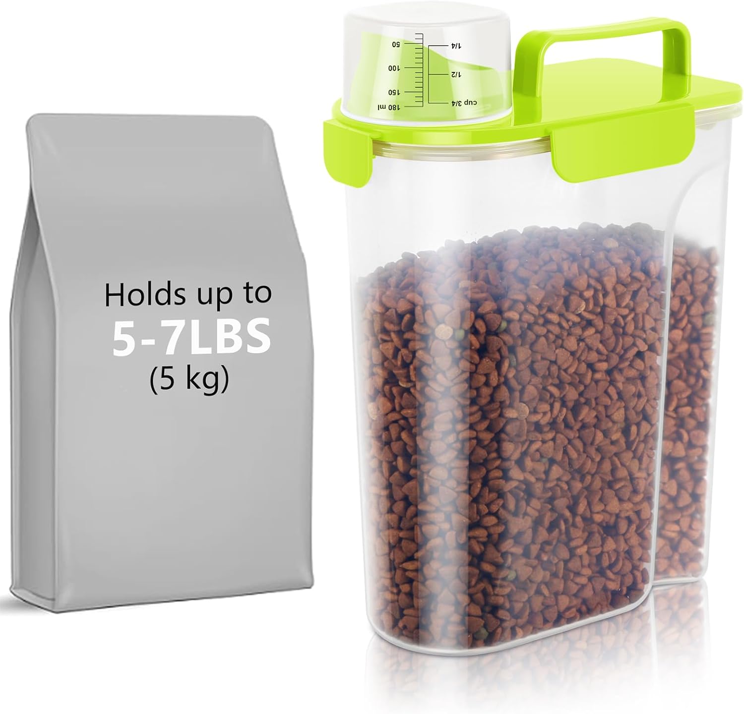 5-7Lbs Cat Dog Storage Container, Portable Pet Food Containers with Upgraded Large Spout and Cup, Small Animal Kibble Dispenser for Bird Seed, Oatmeal, Rice, Flour (1, Bright Green, 5L)