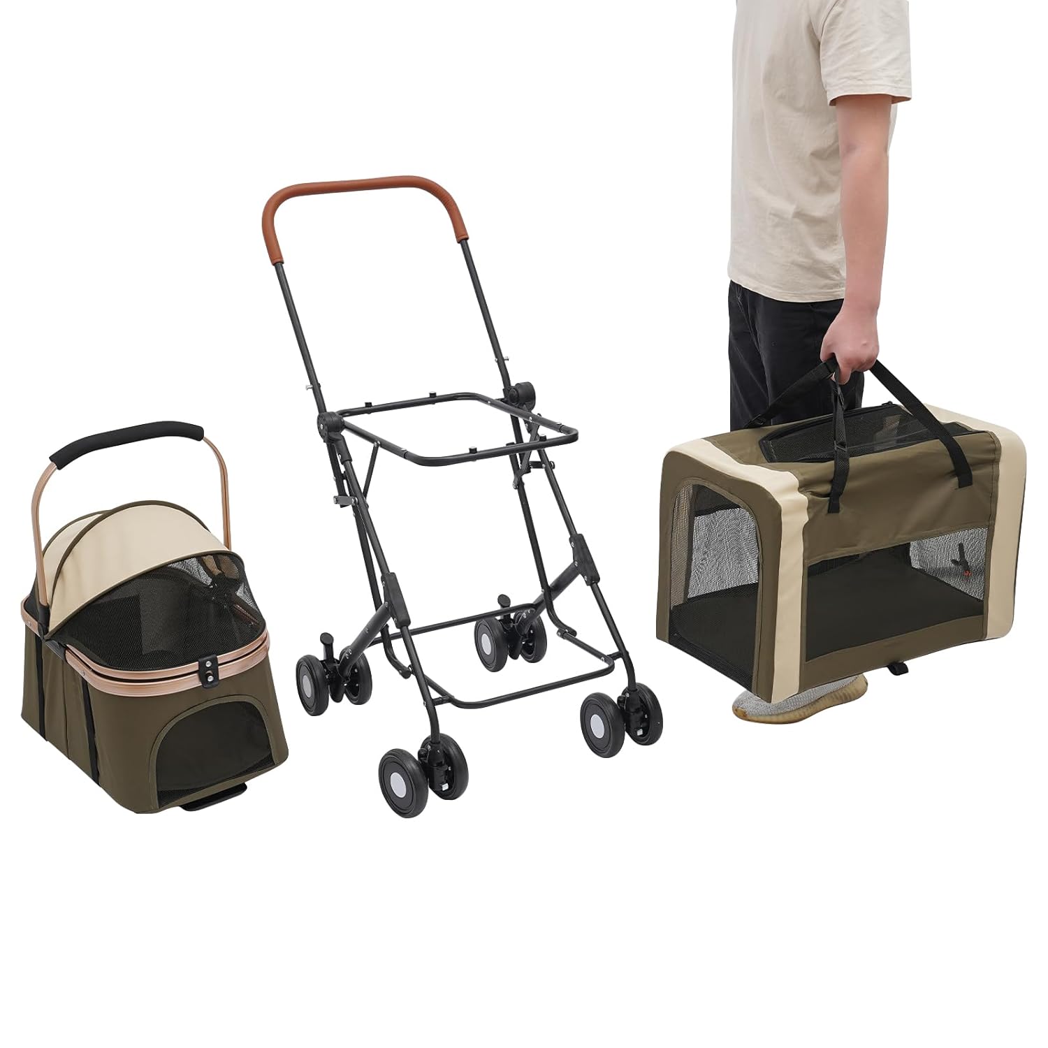 Double Pet Stroller with Detachable Carriers, Large Cat & Dog Stroller with 4 Wheels, Foldable Pet Strollers Small & Medium Dogs Cats 77lbs (Dark Green)