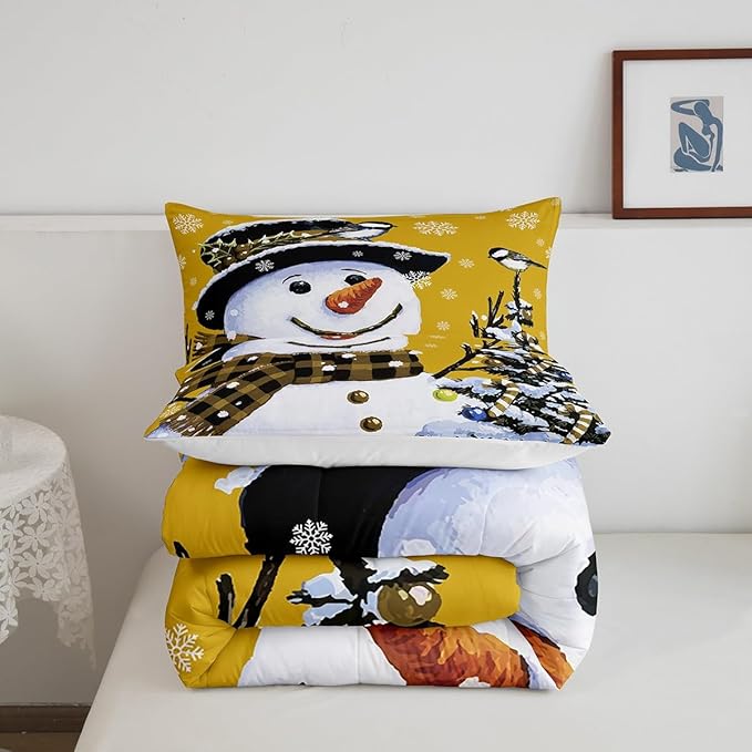 Feelyou Kids Christmas Theme Decorations Bedding Set Xmas Snowman Comforter Set for Boys Girls Snowflake Kawaii Cute Comforter Bright Yellow Quilt Set Bedroom Collection Toddler Size