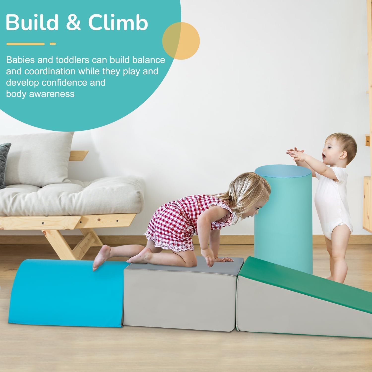 PayLessHere Climbing Toys for Toddlers 5 Piece Corner Foam Climbing Blocks Set with Soft Foam and Strong Structure for Babies 1-3 Crawling and Sliding Activity Play Indoor(Blue, 5 Piece)