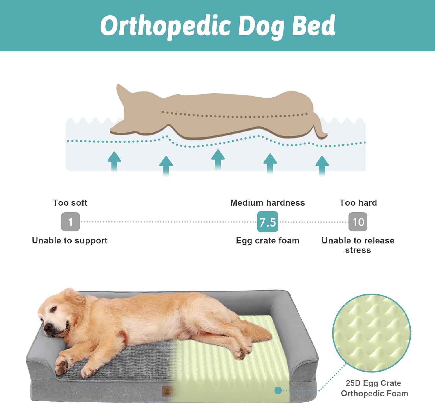 Orthopedic Dog Bed for Extra Large Dog, XL Pet Couch for XLarge Size Dog, Big Supportive Foam Bolster Sofa with Waterproof Lining Cover, Comfort, Washable, 48x32x7.5 in, U Shape, Grey