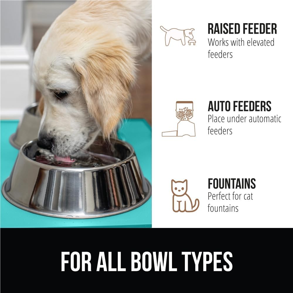 GORILLA GRIP 100% Waterproof Raised Edge BPA Free Silicone Pet Feeding Mat, Dog Cat Food Mats Contain Spills Protects Floors, Placemats for Cats and Dogs Water Bowl, Pets Accessories 32x24 Turquoise