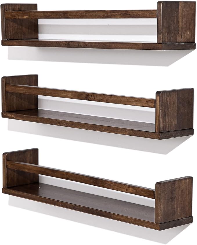 AZSKY Nursery Book Shelves 24 in Set of 3 Walnut Floating Bookshelf for Kids Room Wall Mounted Floating Shelves Solid Nursery Bookshelf Perfect Decor for Kitchen Bedroom Living Room