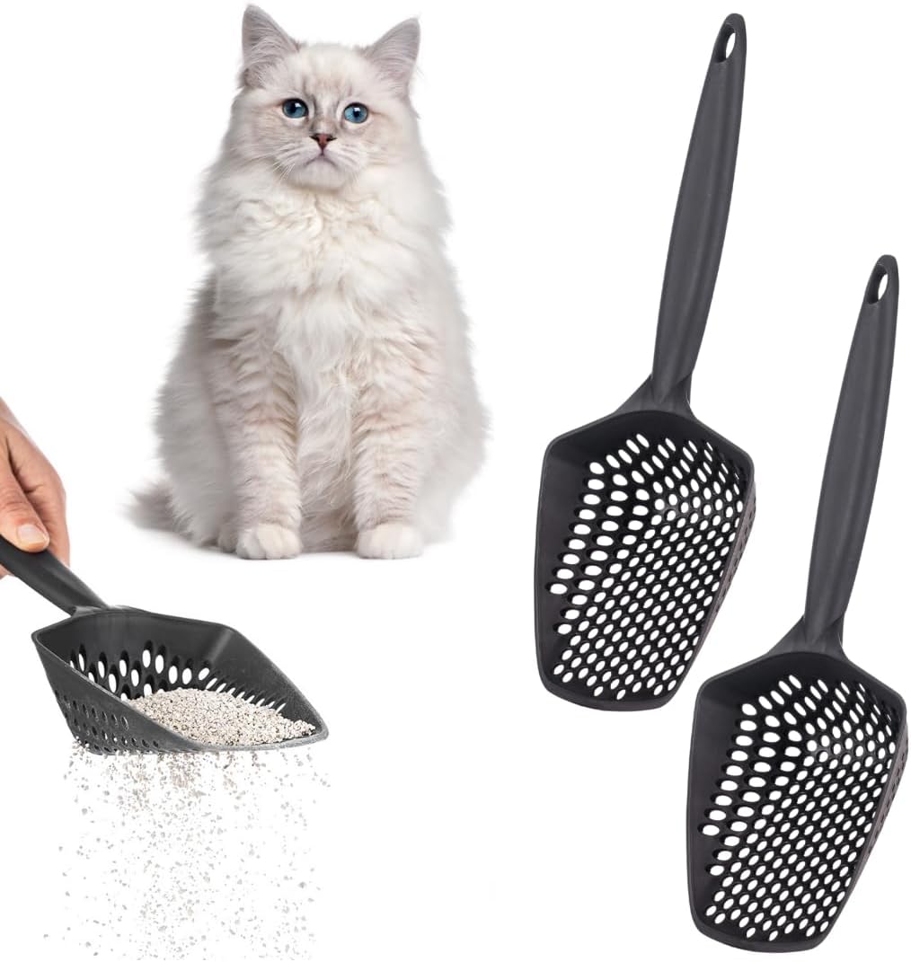 Set of 2 Cat Litter Scoop with Small Holes for Fine Litter, Hanging Handle Deep Reptile Terrarium Sand Sifter, Poop Scooper Rabbit Pooper Lifter Kitten Sifting Shovel (Black, Set of 2)
