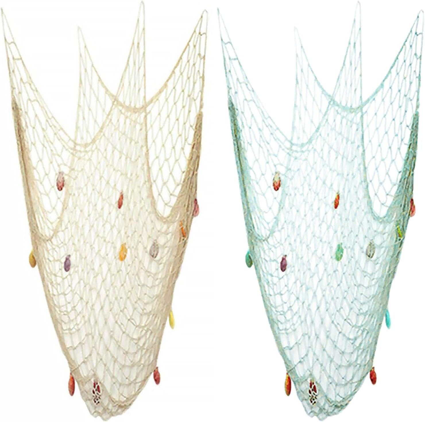 Nature Fish Net Wall Decoration with Shells, Ocean Themed Wall Hangings Fishing Net Party Decor for Pirate Party,Wedding,Photographing Decoration (2pack-Beige/Aqua)
