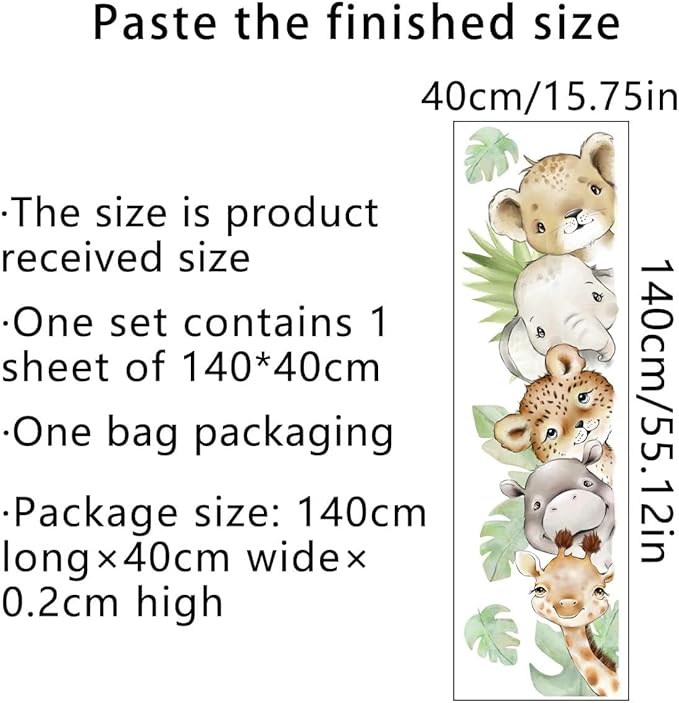 55.1 x 15.7 Inch Watercolor Jungle Animal Wall Decals Forest Animal Wall Sticker Elephant Tiger Giraffe Decals for Baby Nursery Playroom Bedroom Classroom Kindergarten Wall Decor