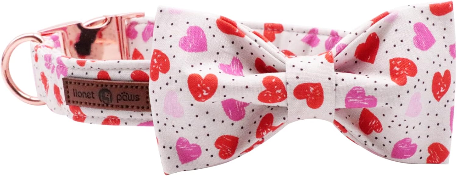 Lionet Paws Valentines Day Dog Collar with Bowtie, Dog Bowtie Collar with Metal Buckle for Dogs, Adjustable Comfortable Dog Collar Girl Boy Gift, XL, Neck 16-26 in